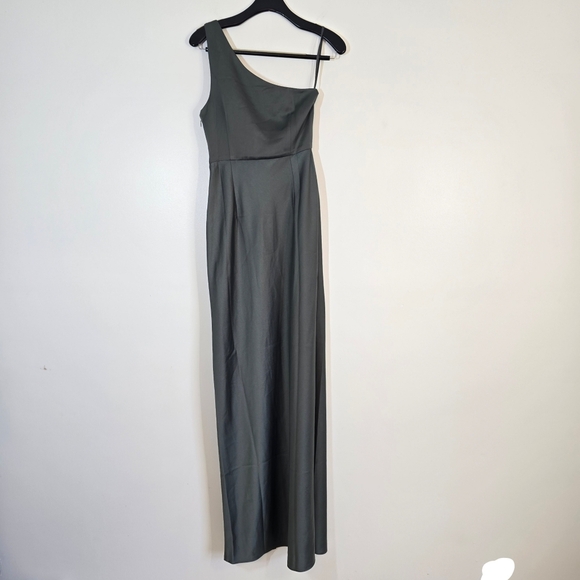 NWT BHLDN Anthropologie One Shoulder Stretch Satin Dylan Dress Dark Gree… - Picture 8 of 11